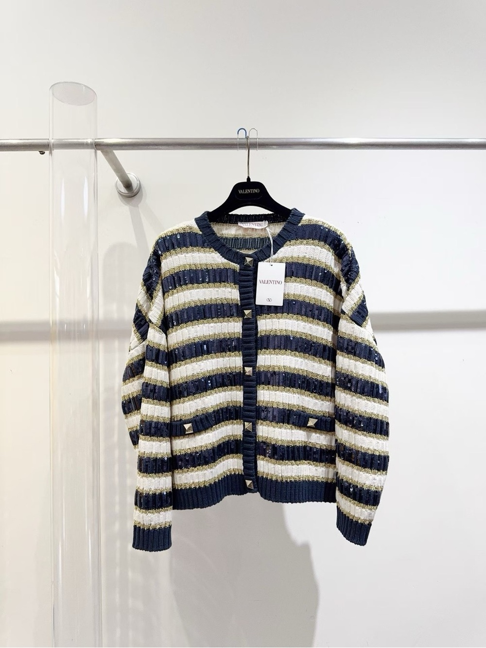 Valentino Navy, White & Gold Striped Rib-Knit Cardigan